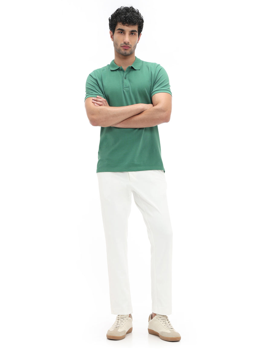 Slim Fit 100% Polyester Dobby Casual Trousers - Off White