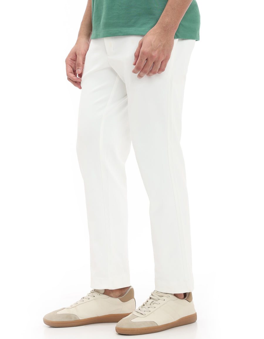 Slim Fit 100% Polyester Dobby Casual Trousers - Off White