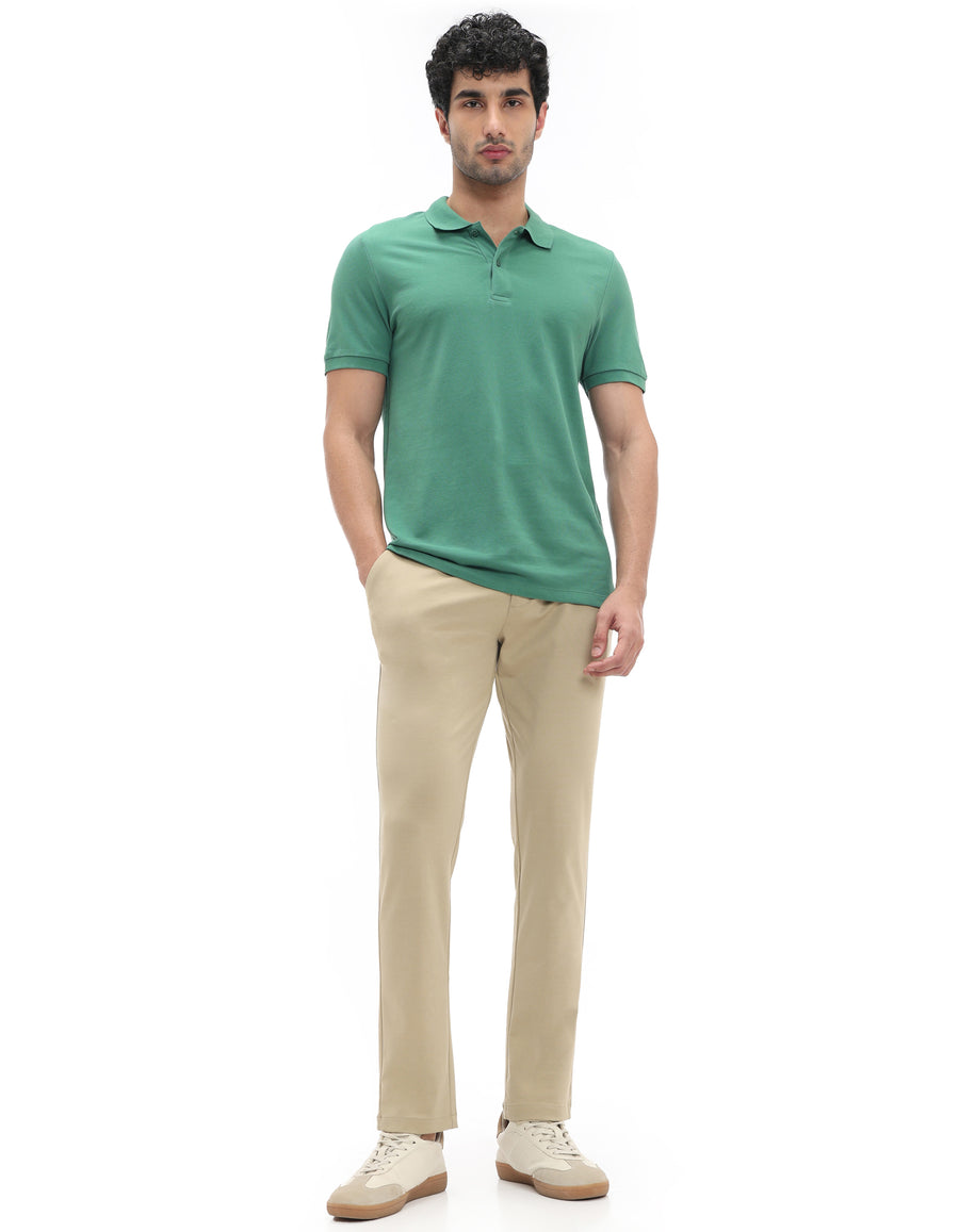 Slim Fit Cotton Blend Solid Casual Trousers - Beige