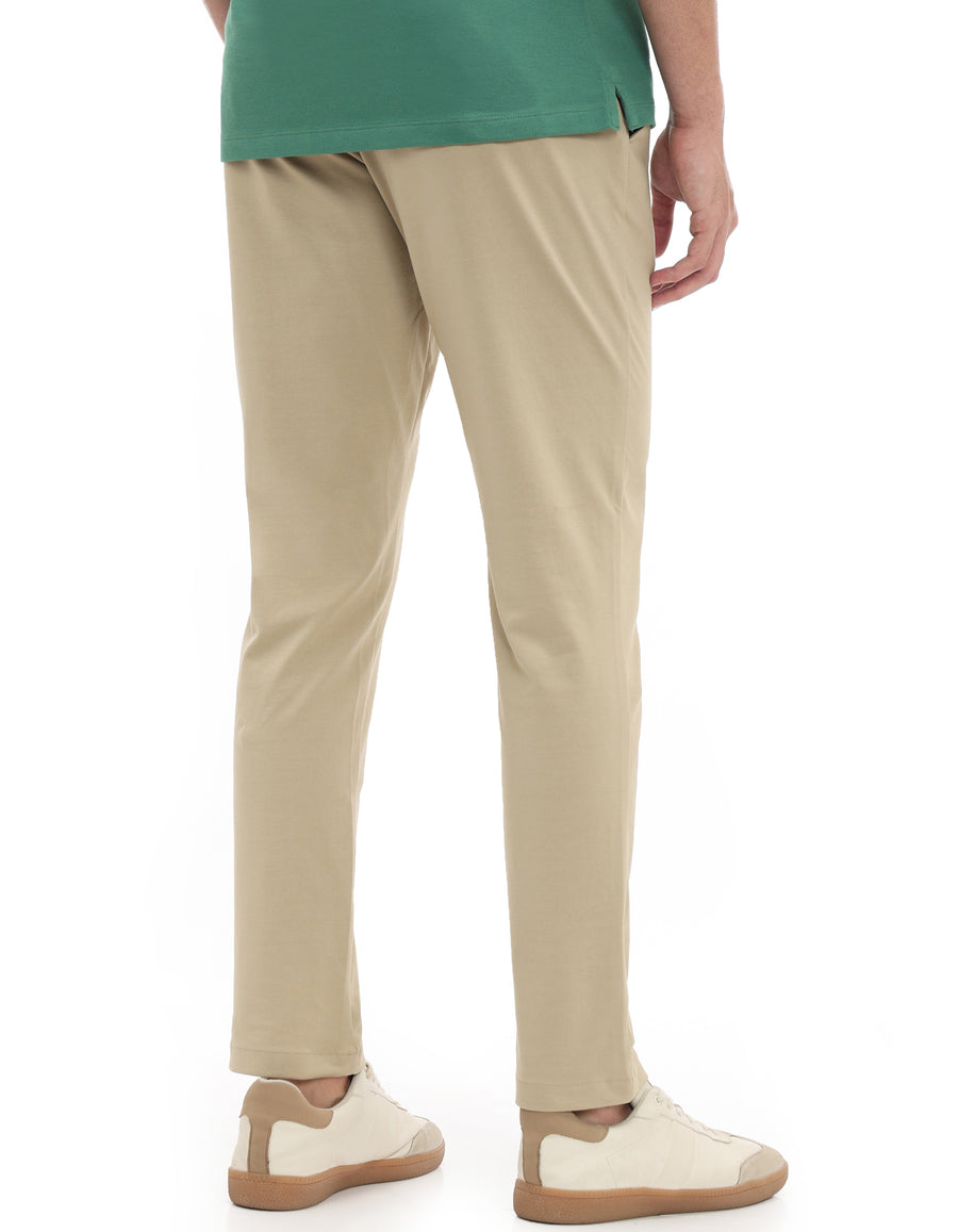 Slim Fit Cotton Blend Solid Casual Trousers - Beige
