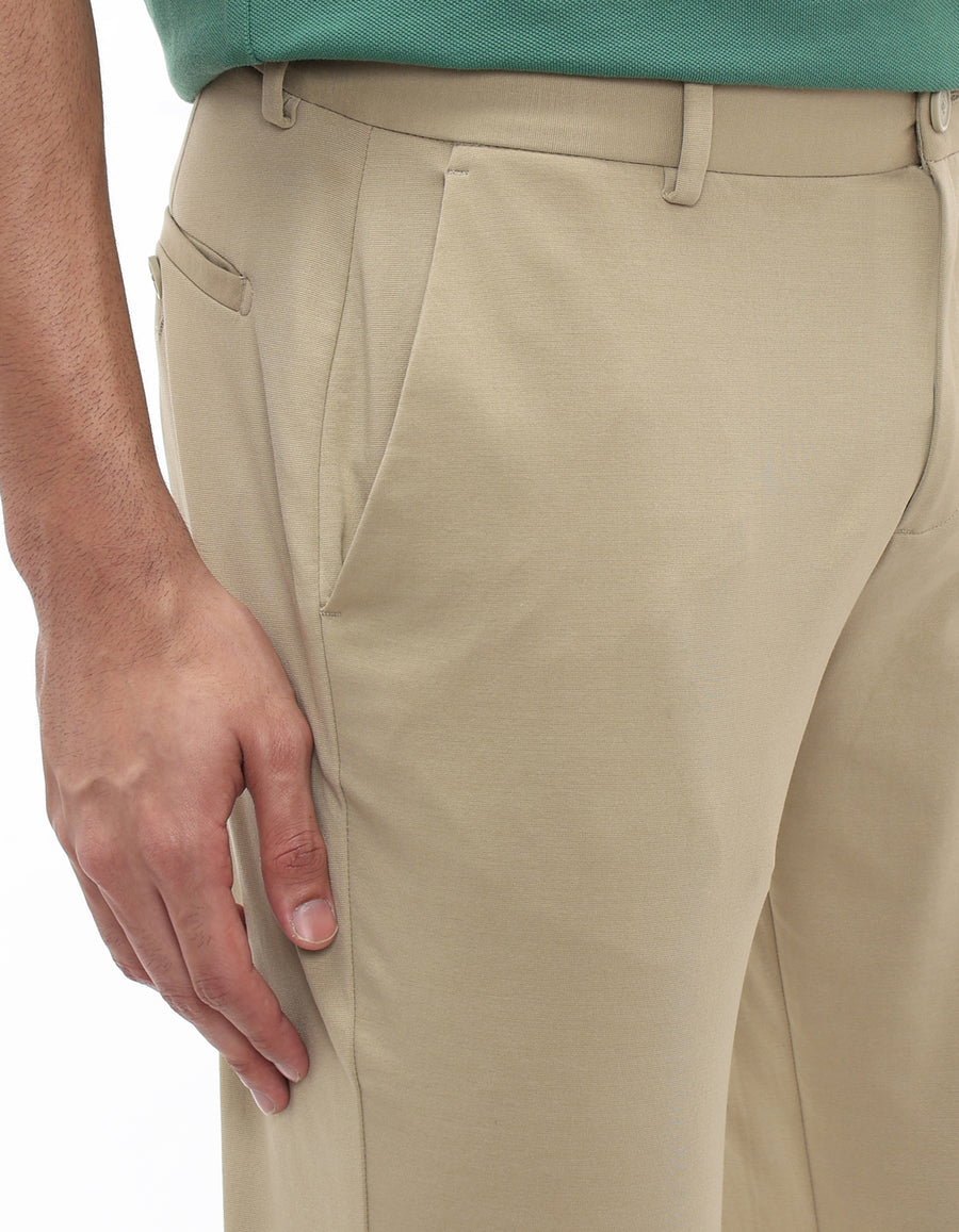 Slim Fit Cotton Blend Solid Casual Trousers - Beige