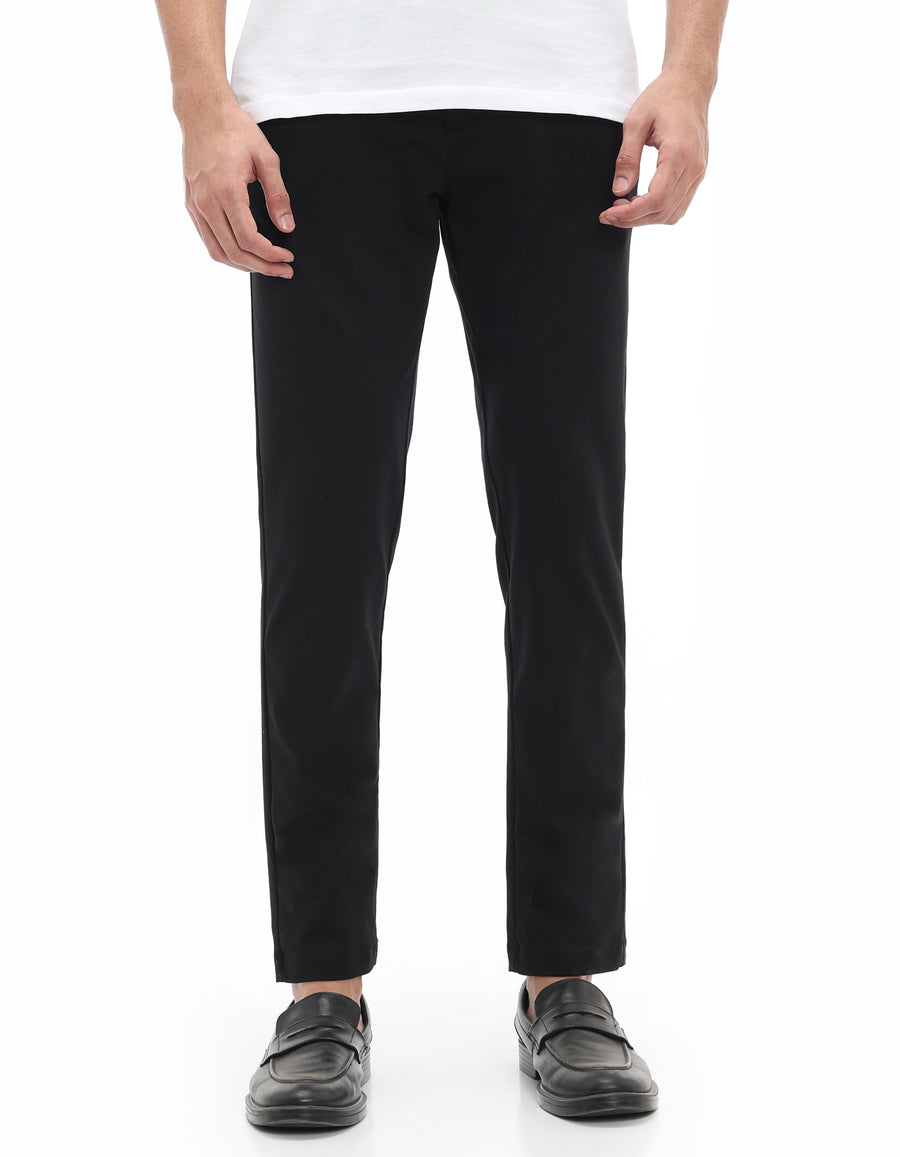 Slim Fit Cotton Blend Solid Casual Trousers - Black