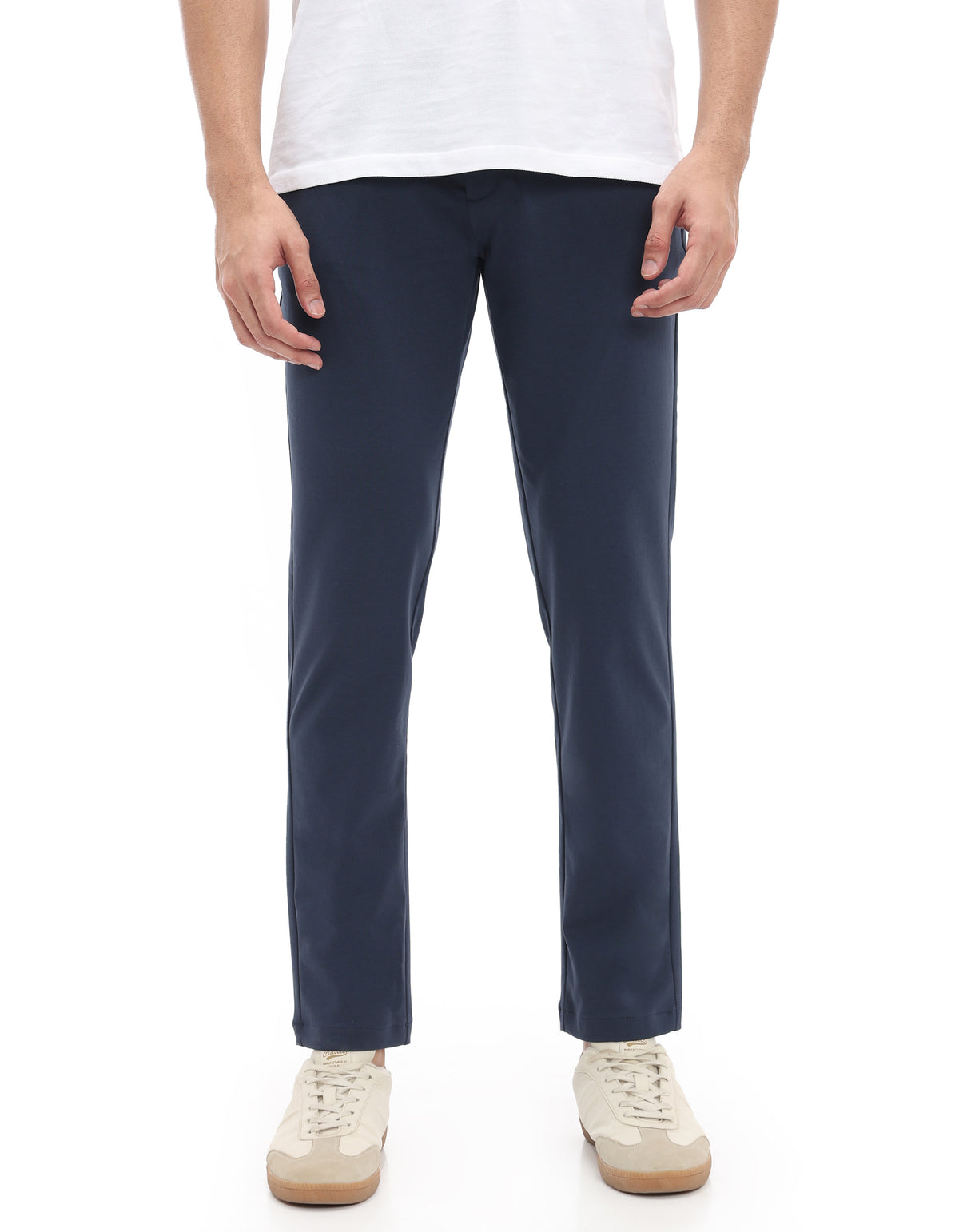 Slim Fit Cotton Blend Solid Casual Trousers - Blue