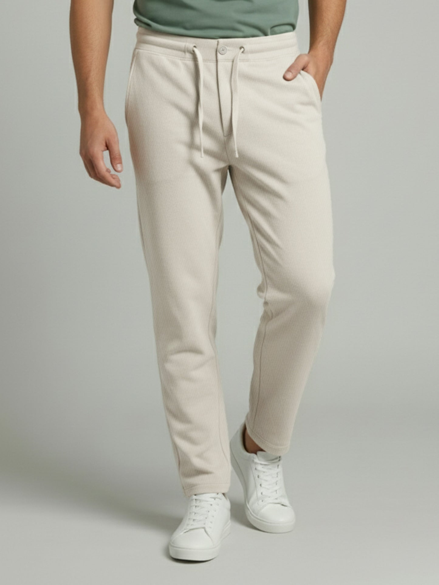 Celio* Men Beige Solid Straight Fit Cotton Trousers