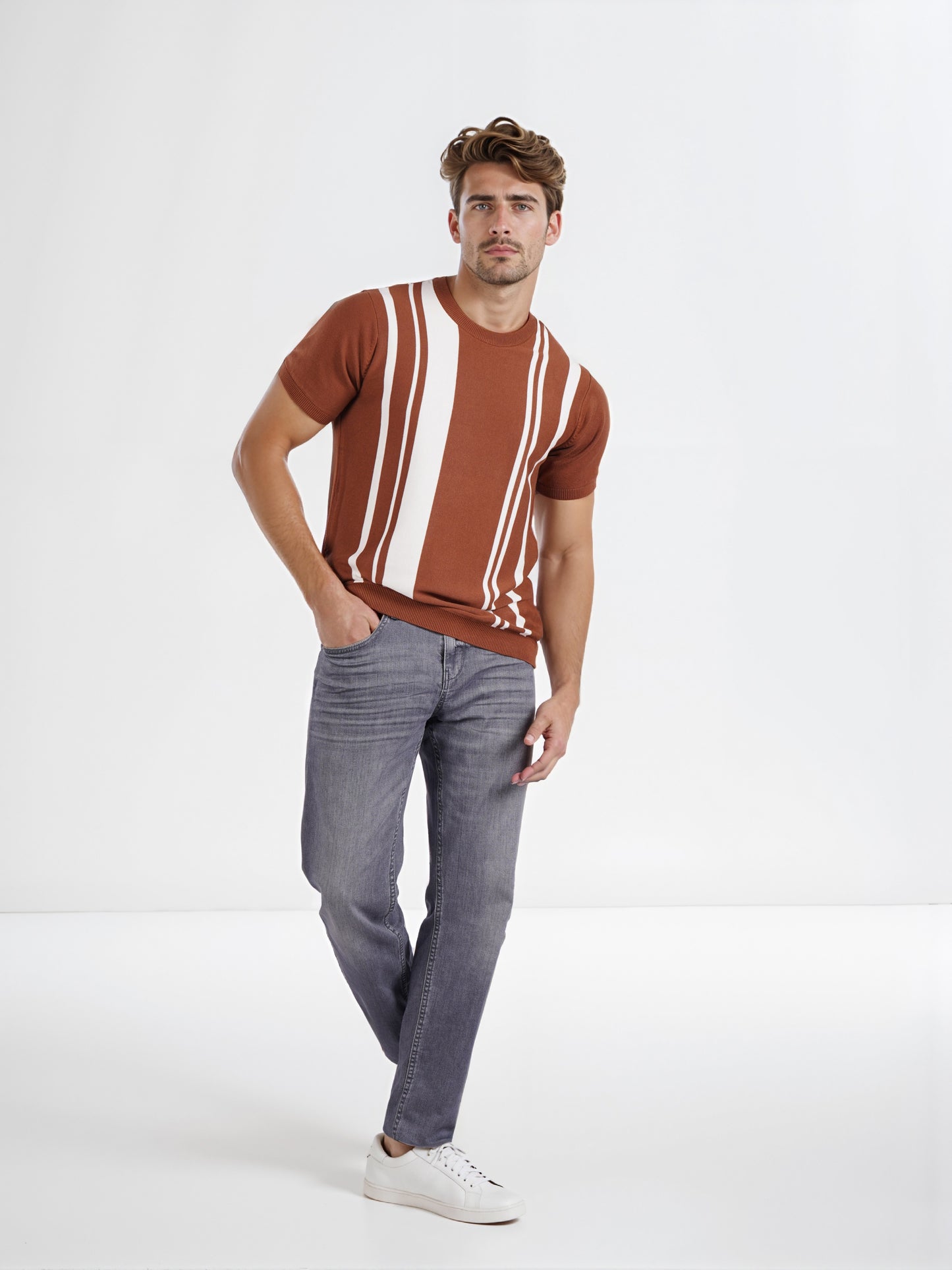 Celio* Men Brown Striped Regular Fit Cotton T-shirt