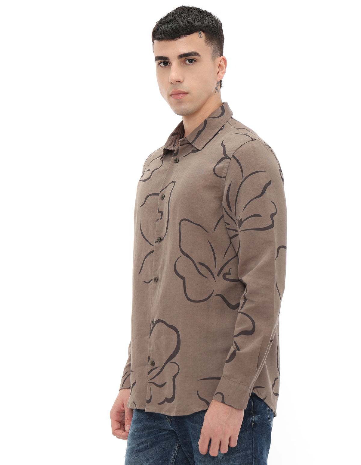 Straight Fit Linen Blend Printed Shirts - Brown