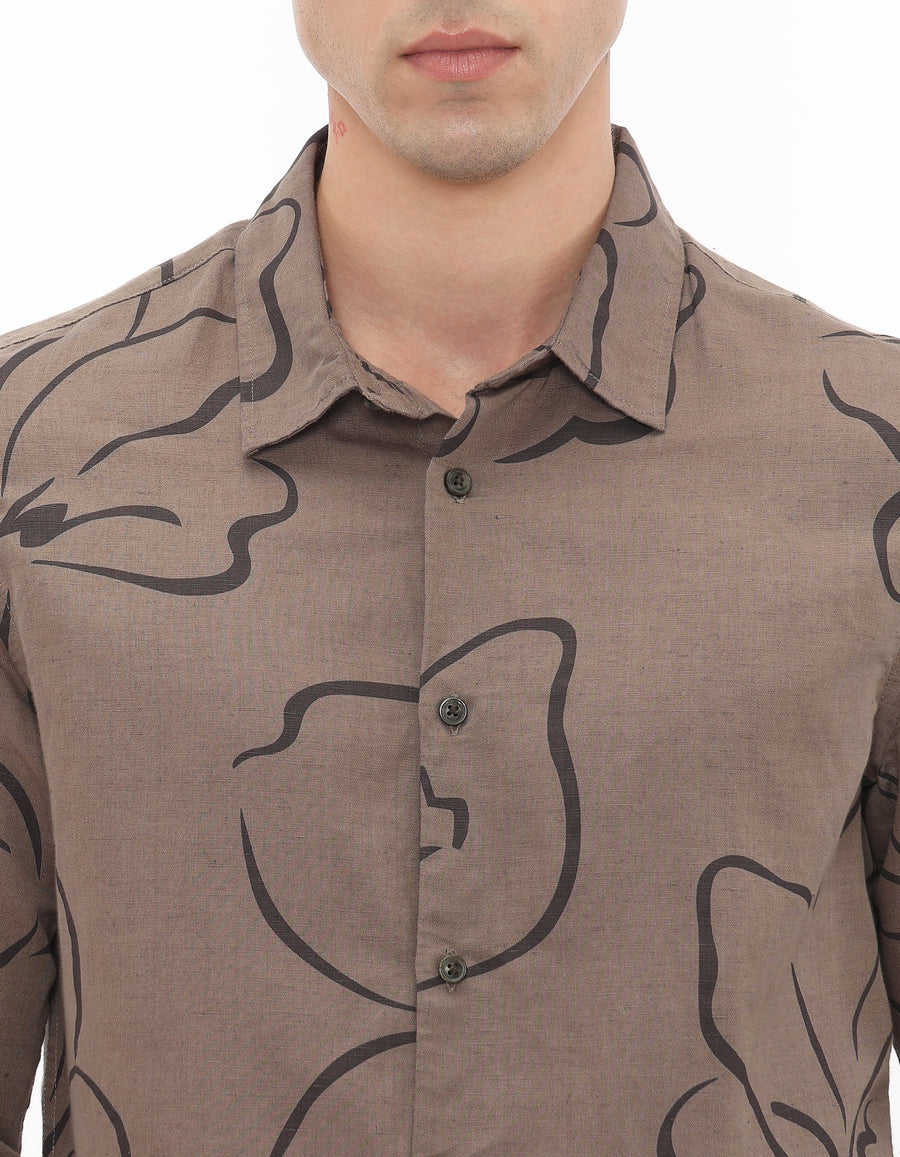 Straight Fit Linen Blend Printed Shirts - Brown