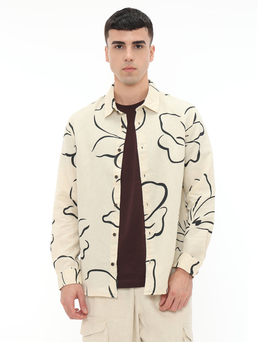 Straight Fit Linen Blend Printed Shirts - Off White