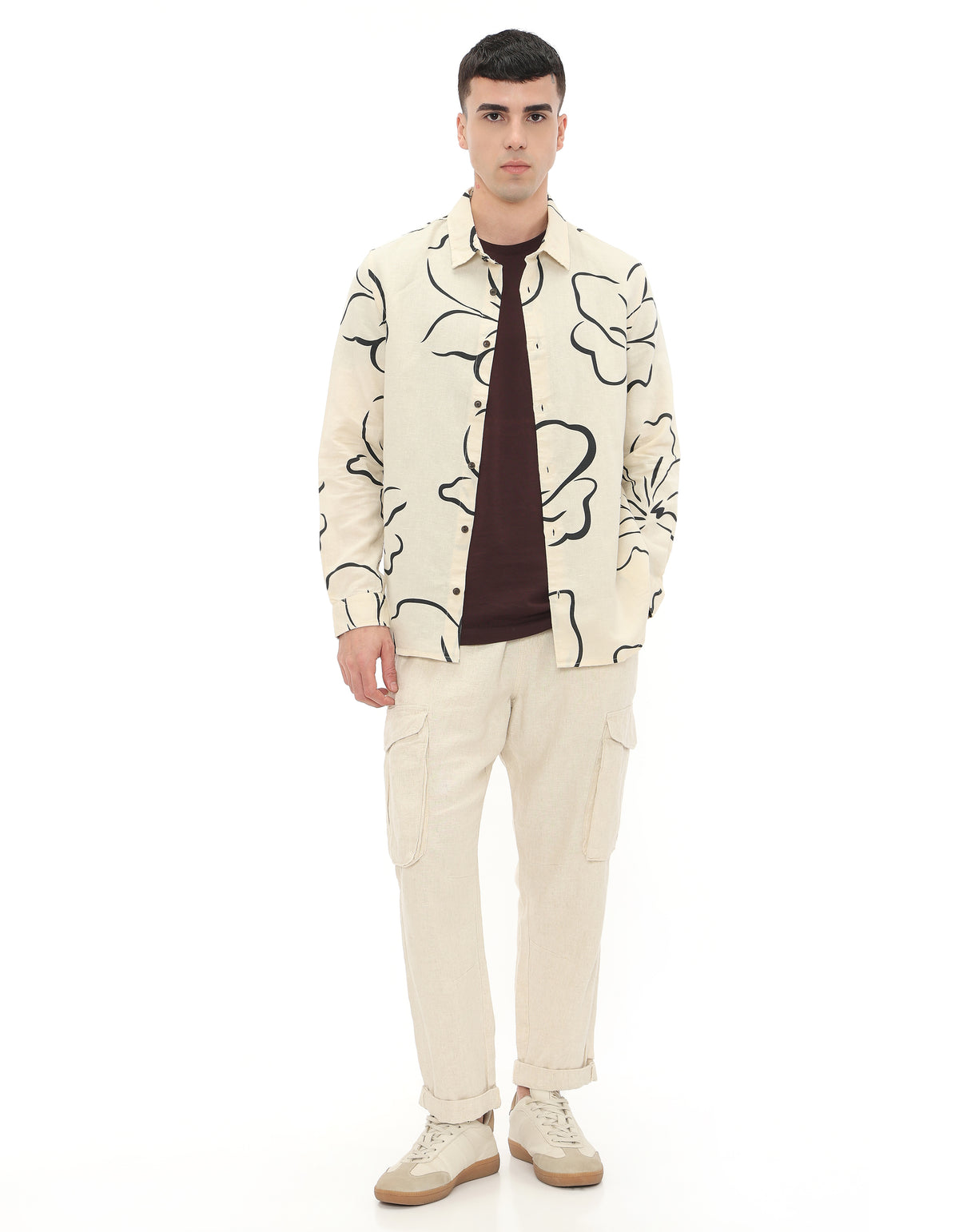 Straight Fit Linen Blend Printed Shirts - Off White