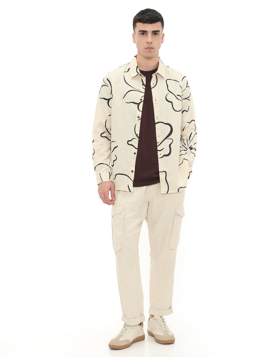 Straight Fit Linen Blend Printed Shirts - Off White