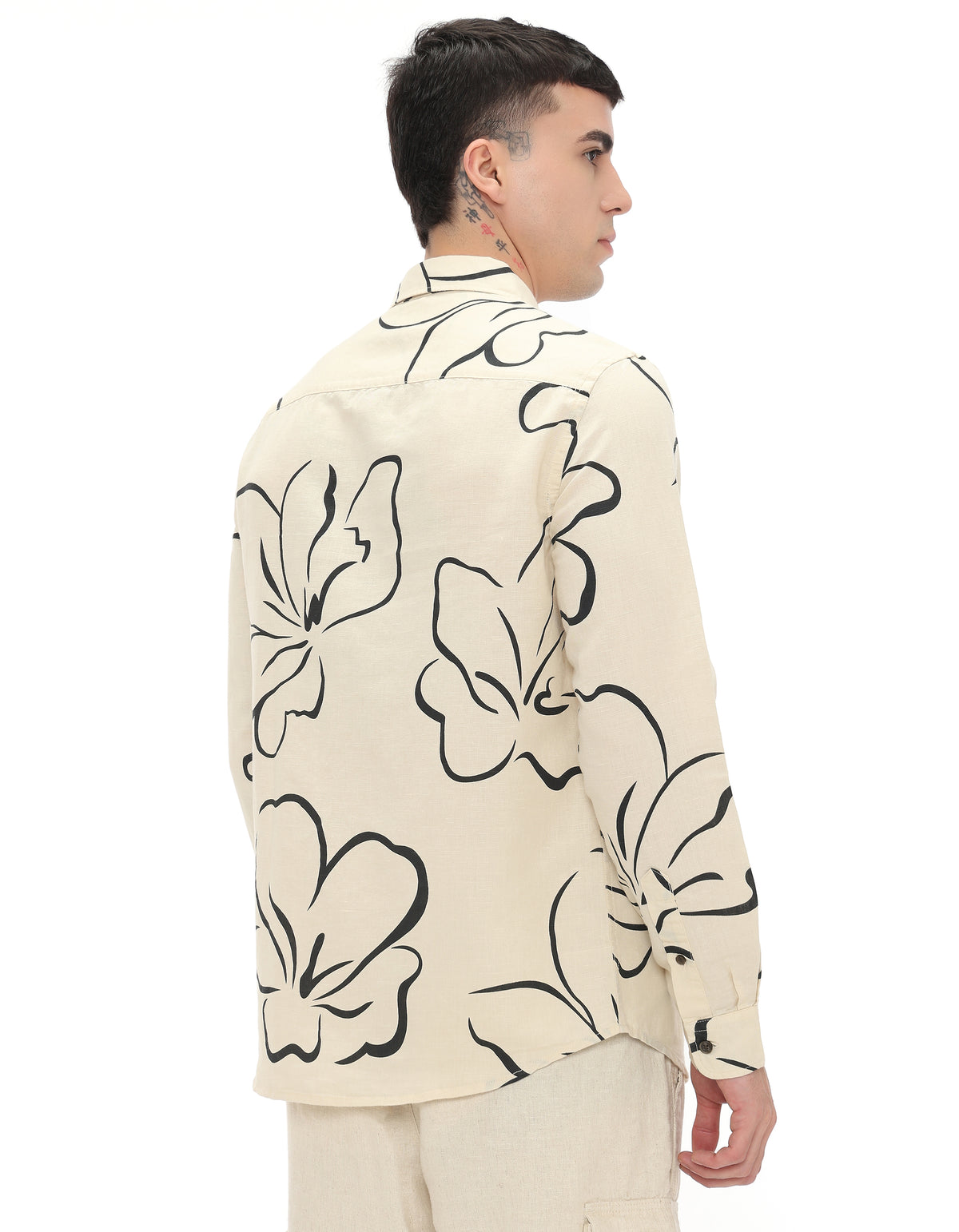 Straight Fit Linen Blend Printed Shirts - Off White