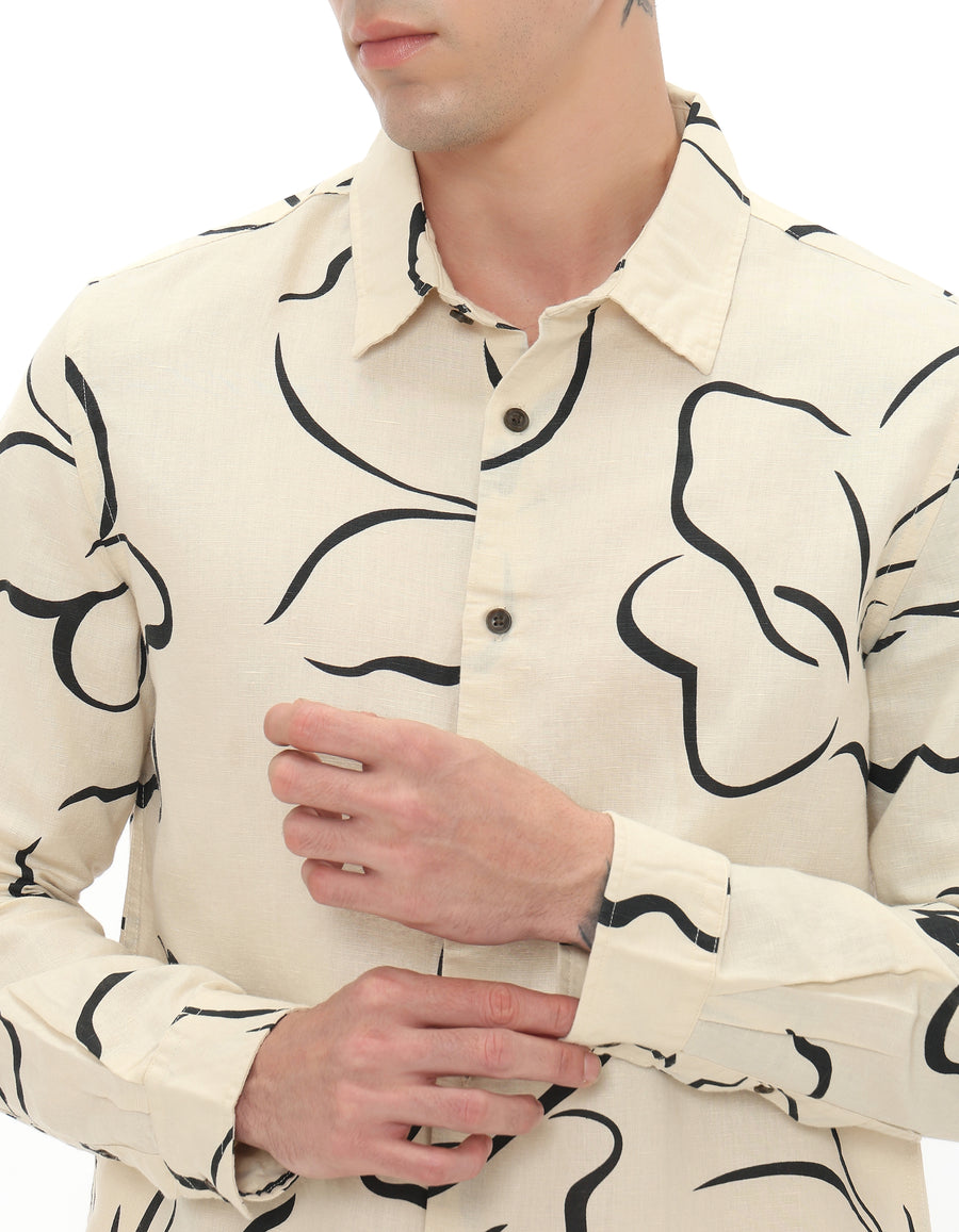 Straight Fit Linen Blend Printed Shirts - Off White