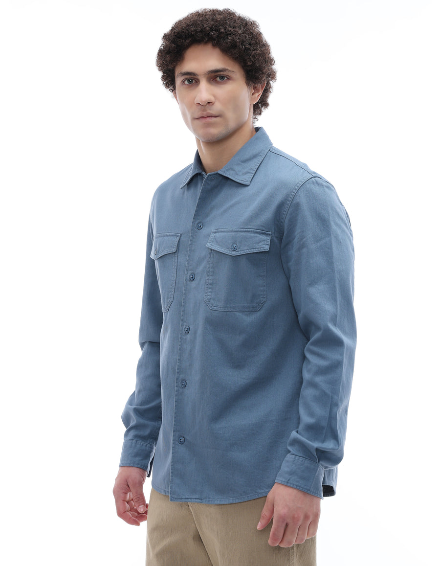 Regular Fit 100% Cotton Spread Collar Shirt - Blue