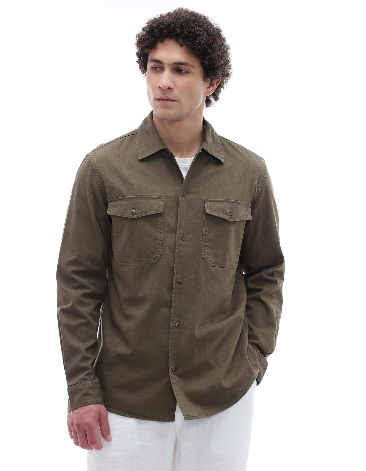 Regular Fit 100% Cotton Spread Collar Shirt - Khaki