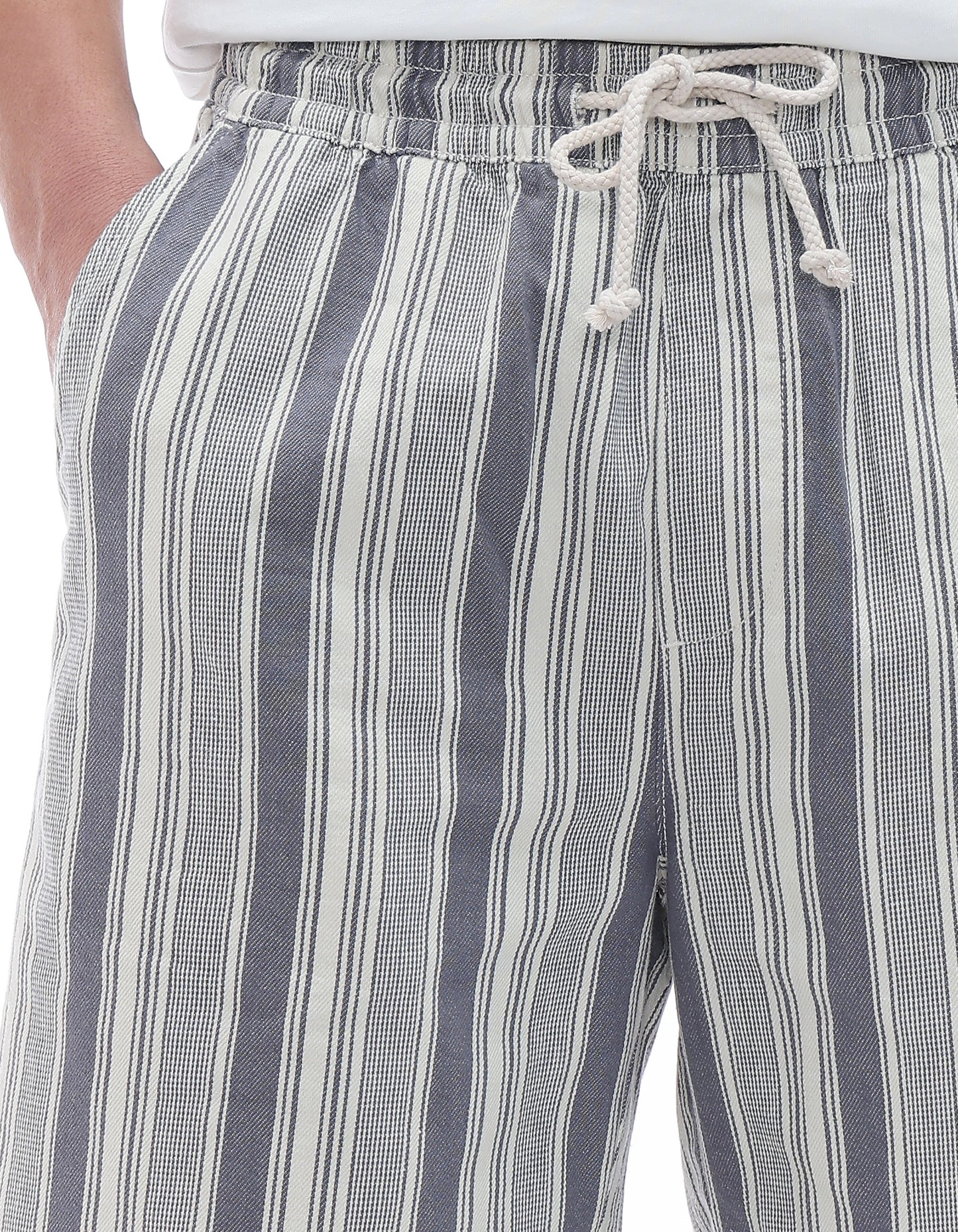 Bermuda Fit 100% Cotton Striped Shorts - Off White