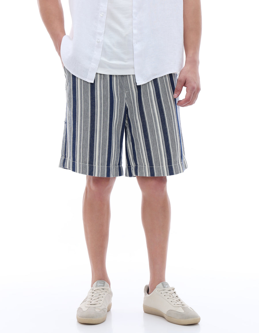 Bermuda Fit 100% Cotton Striped Shorts - Navy Blue