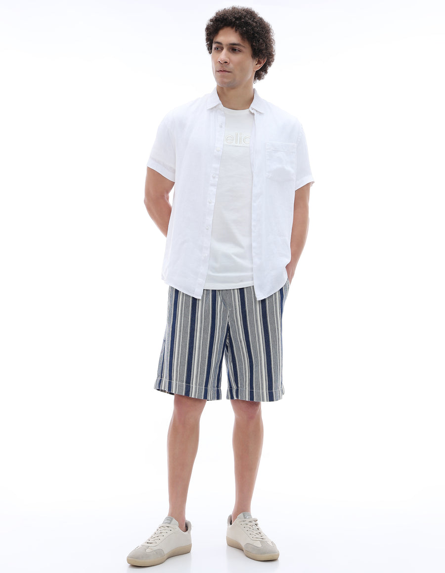 Bermuda Fit 100% Cotton Striped Shorts - Navy Blue