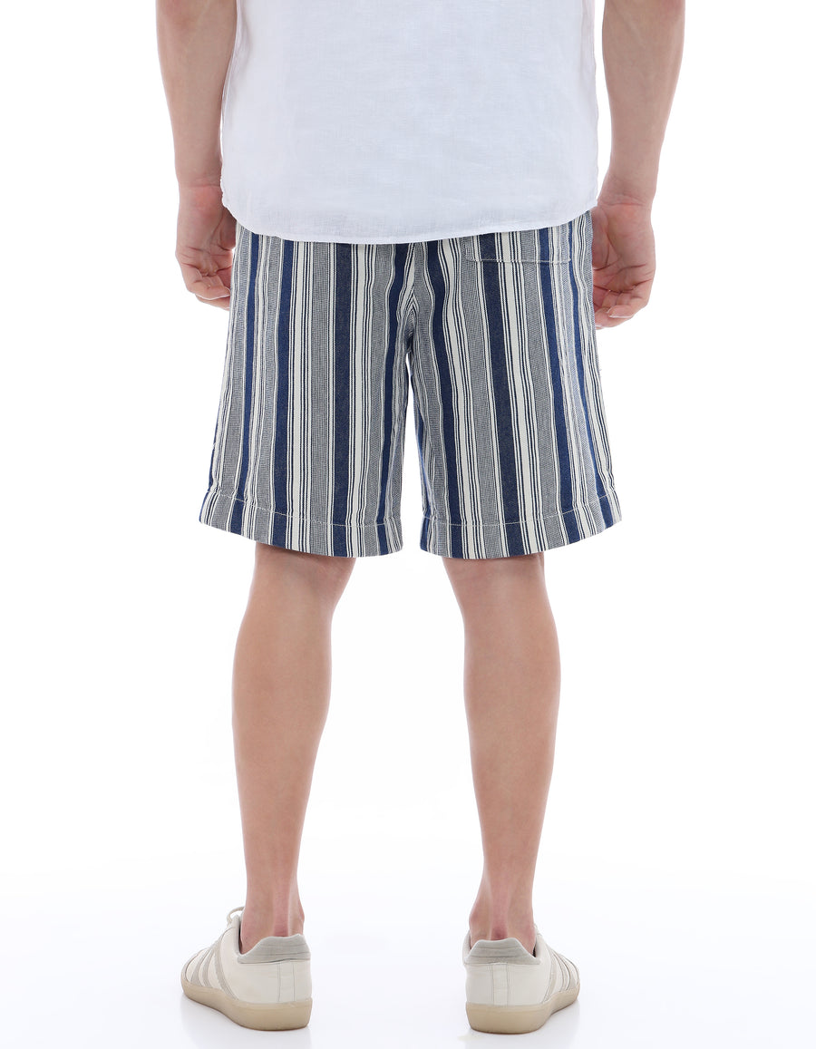 Bermuda Fit 100% Cotton Striped Shorts - Navy Blue
