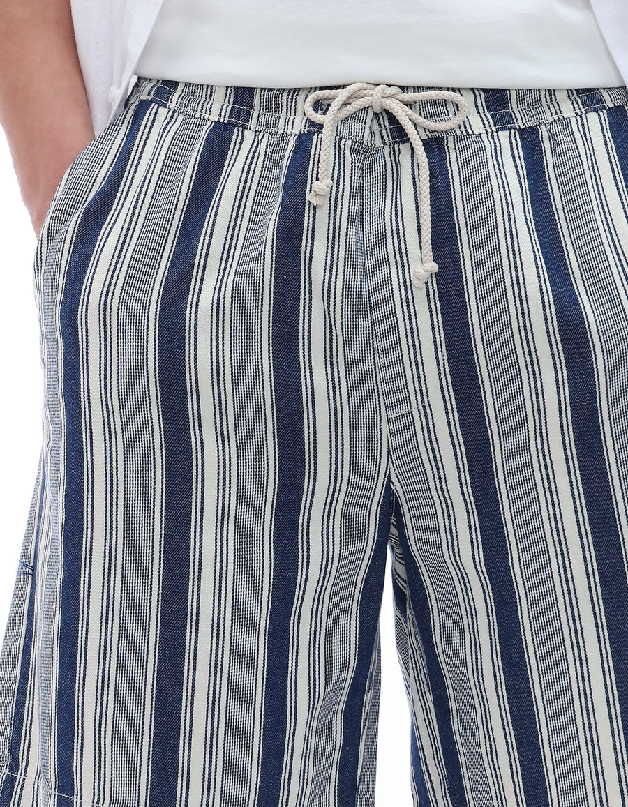 Bermuda Fit 100% Cotton Striped Shorts - Navy Blue
