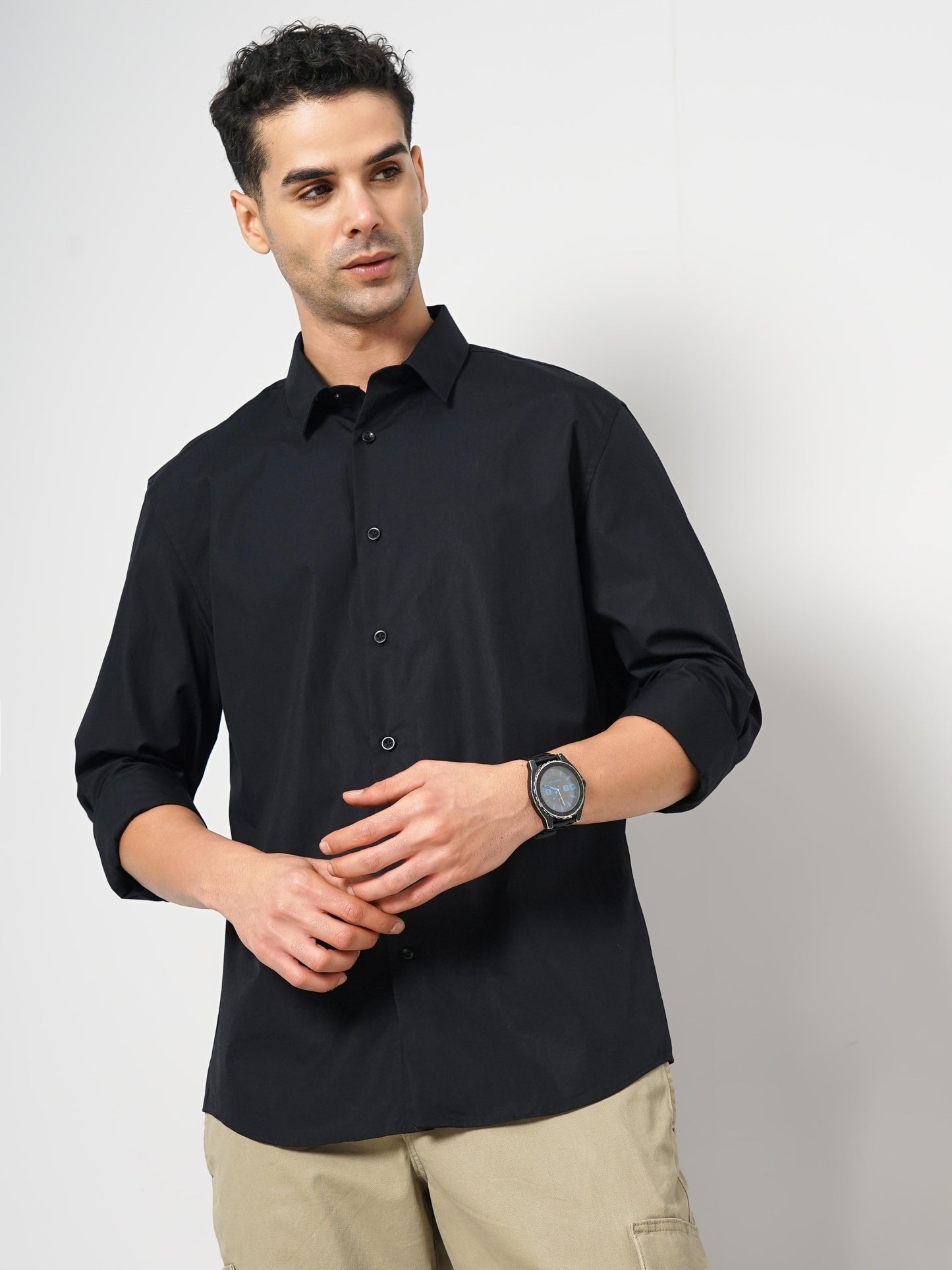 Celio* Solid Slim Fit Cotton Black Shirt