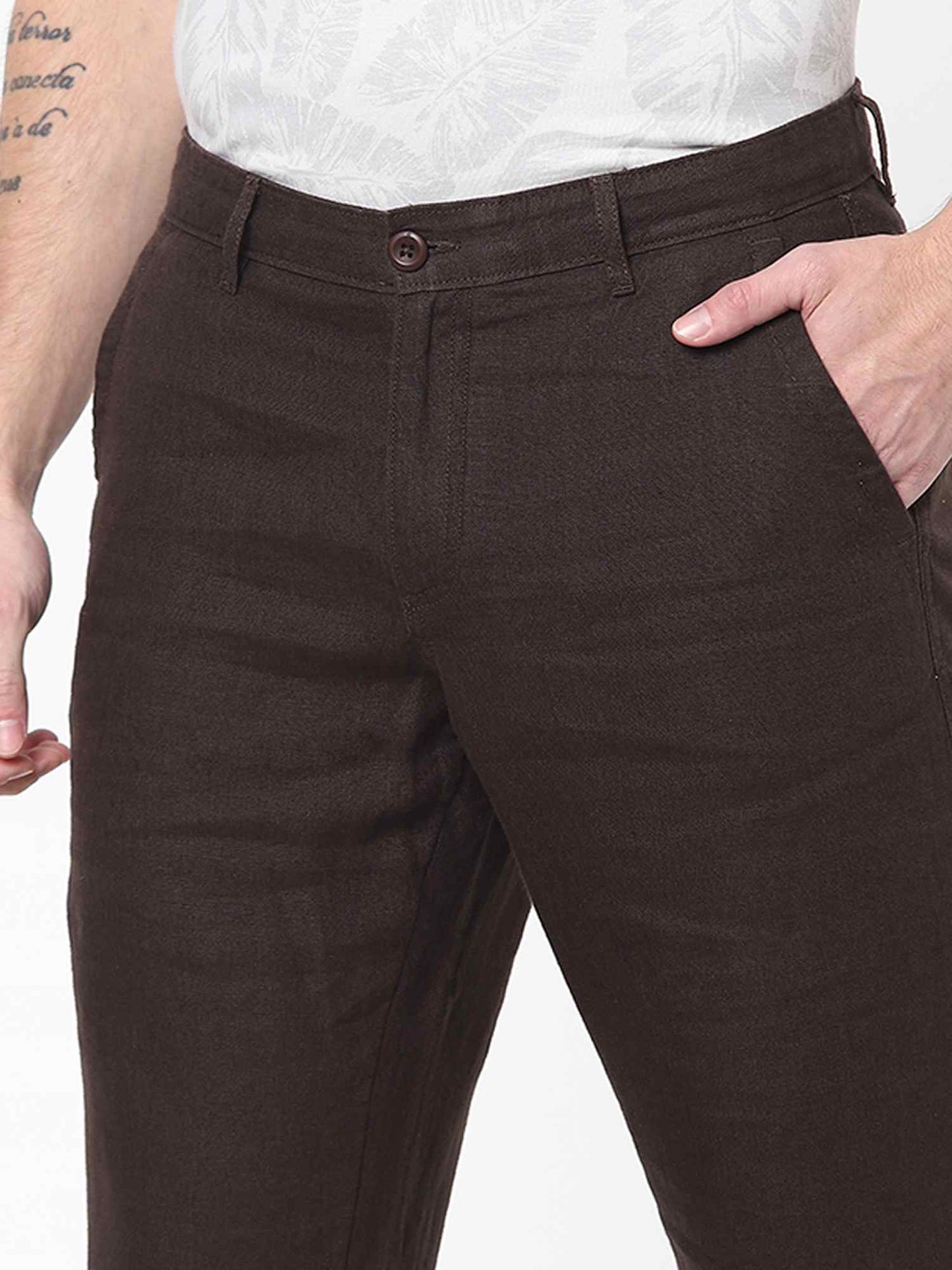 Celio* Linen Straight Fit Brown Trouser