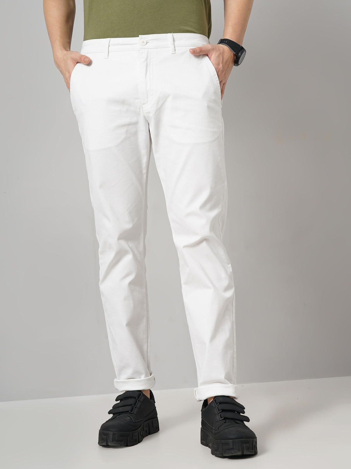Slim Fit Stretch Cotton Trousers - Off White