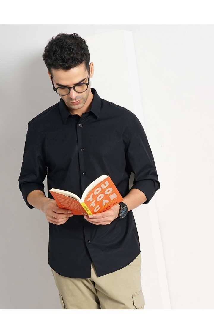 Celio* Solid Slim Fit Cotton Black Shirt