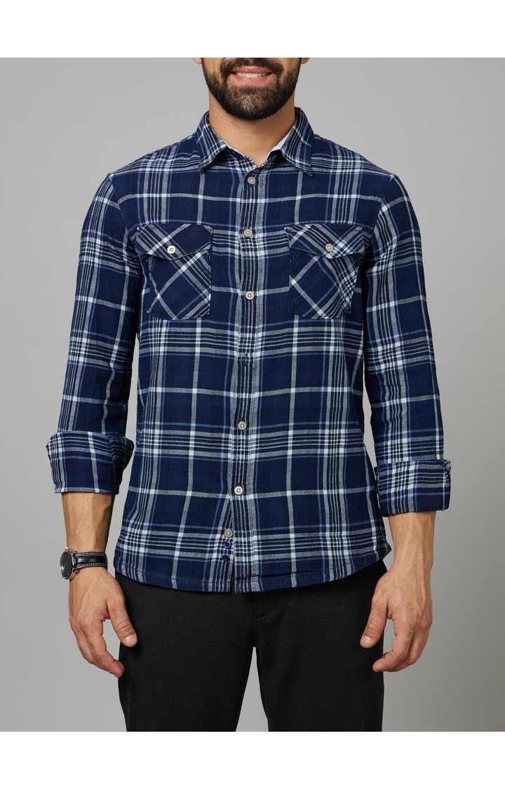 Celio Men Blue Checked Regular Fit Cotton Shirts
