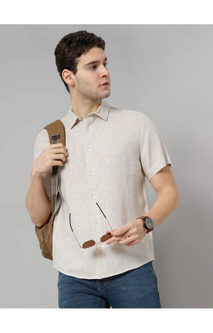 Celio* Solid Regular Fit Linen Beige Shirt