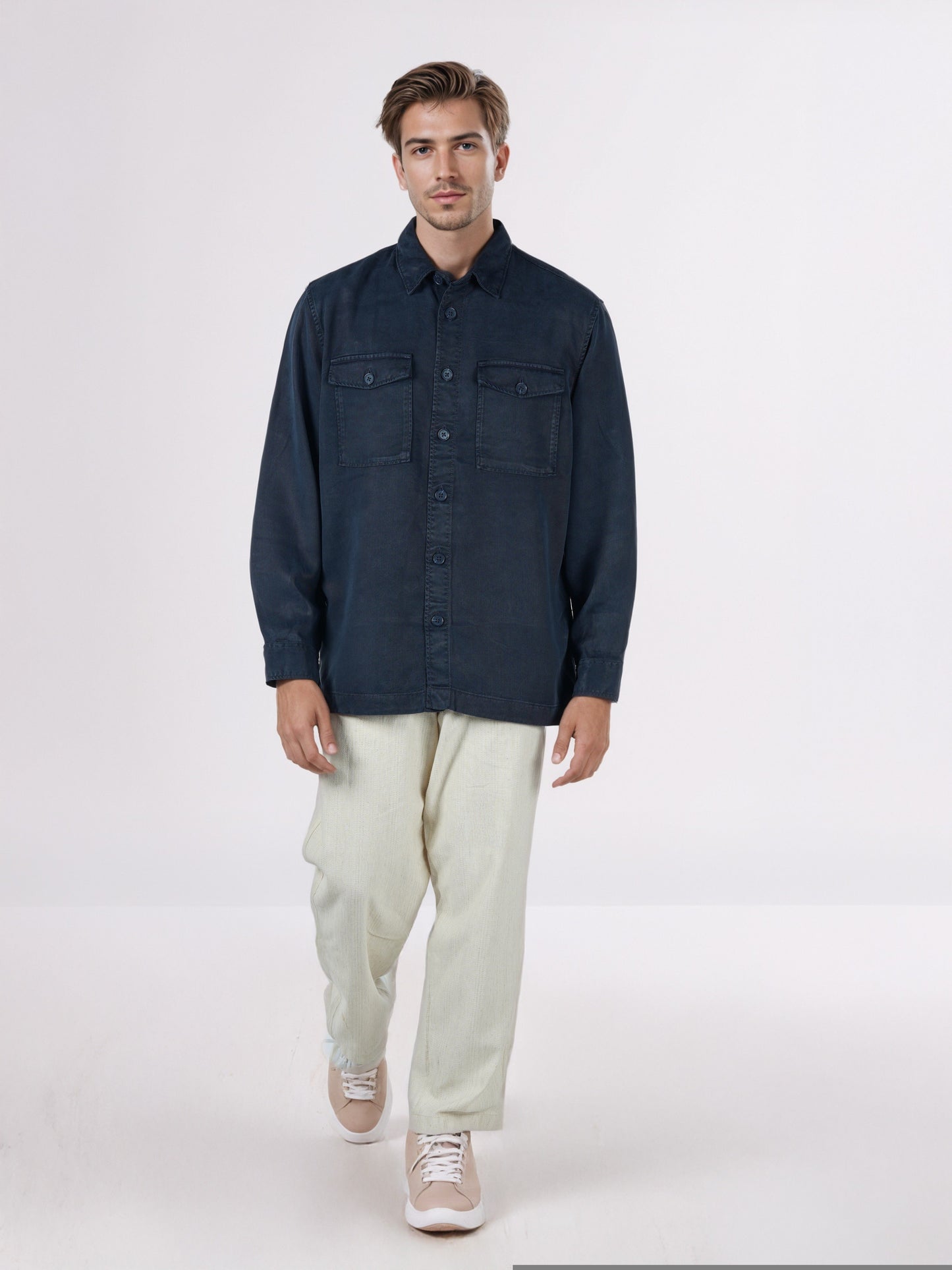 Celio* Men Navy Blue Solid Overshirt Cotton-Tencel-Blend Shirts