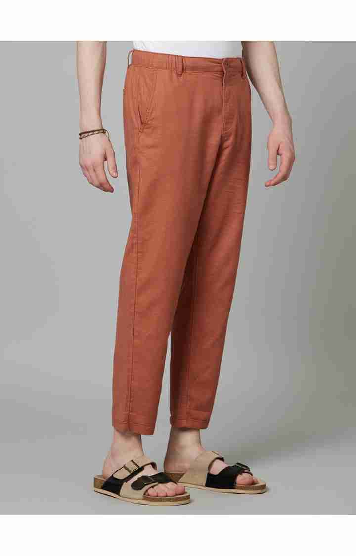 Celio* Cotton-Linen-Blend Straight Fit Rust Trouser