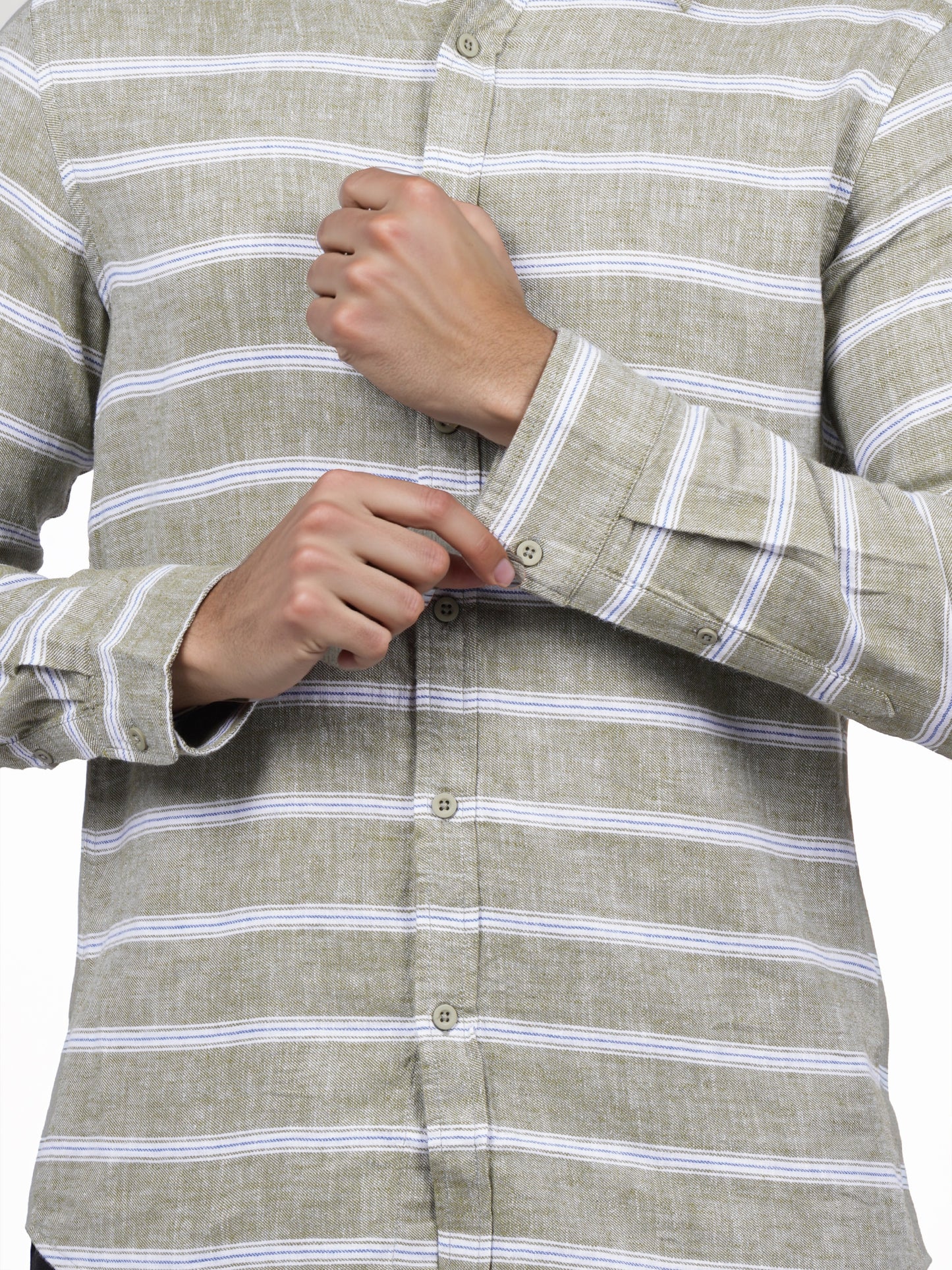 Celio* Men Green Striped Slim Fit Cotton Shirt