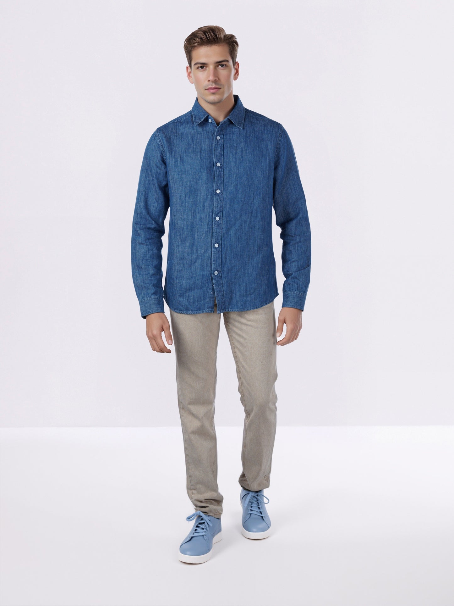 Celio* Men Blue Solid Regular Fit Cotton-Linen-Blend Shirts