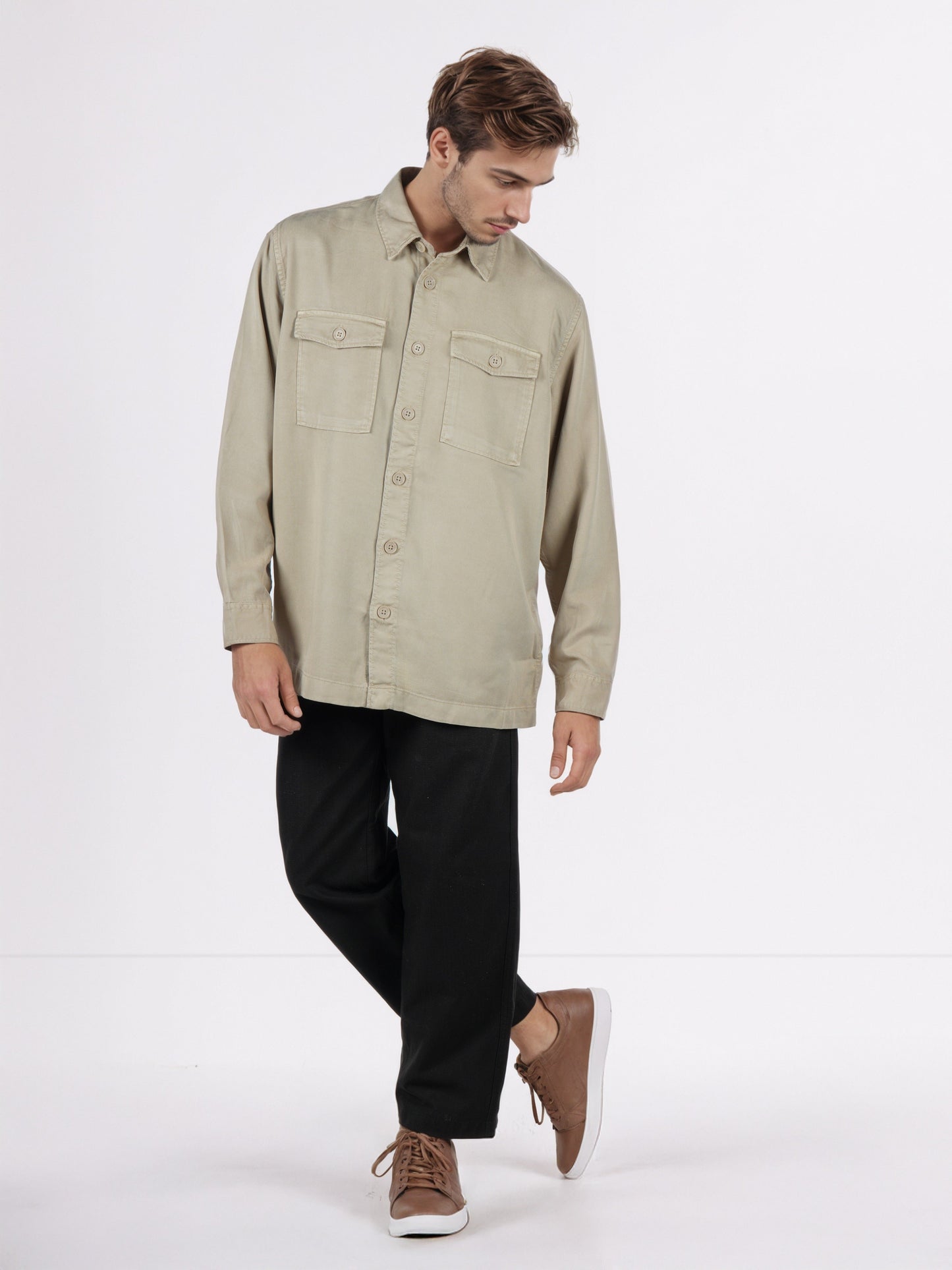 Celio* Men Beige Solid Overshirt Cotton-Tencel-Blend Shirts