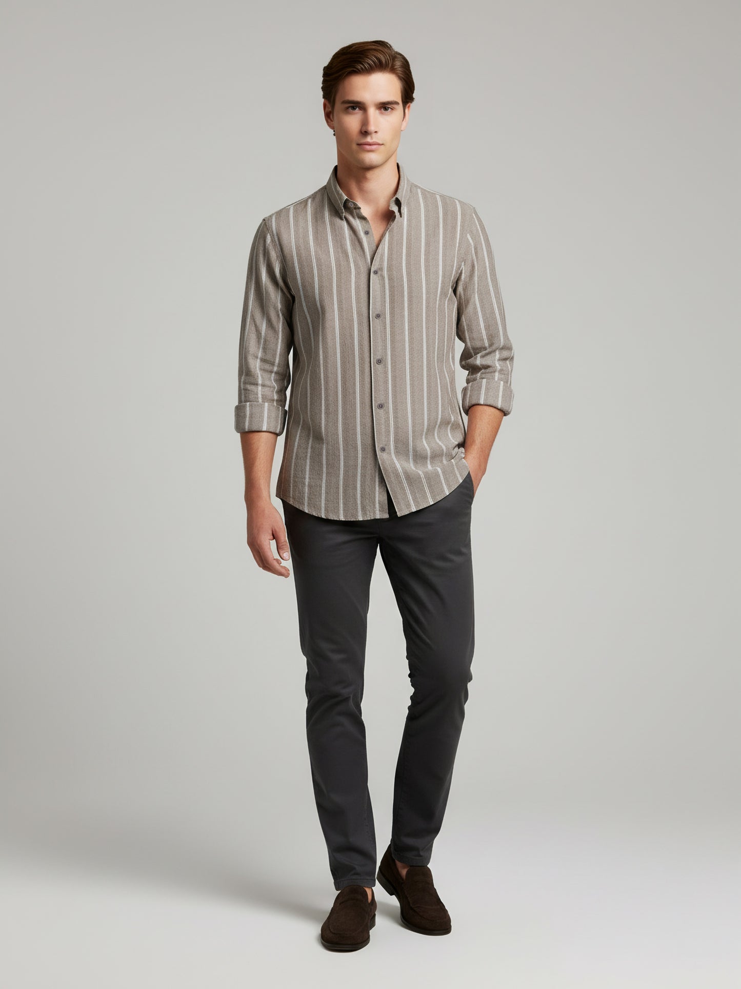 Celio* Men Beige Striped Regular Fit Cotton Shirts