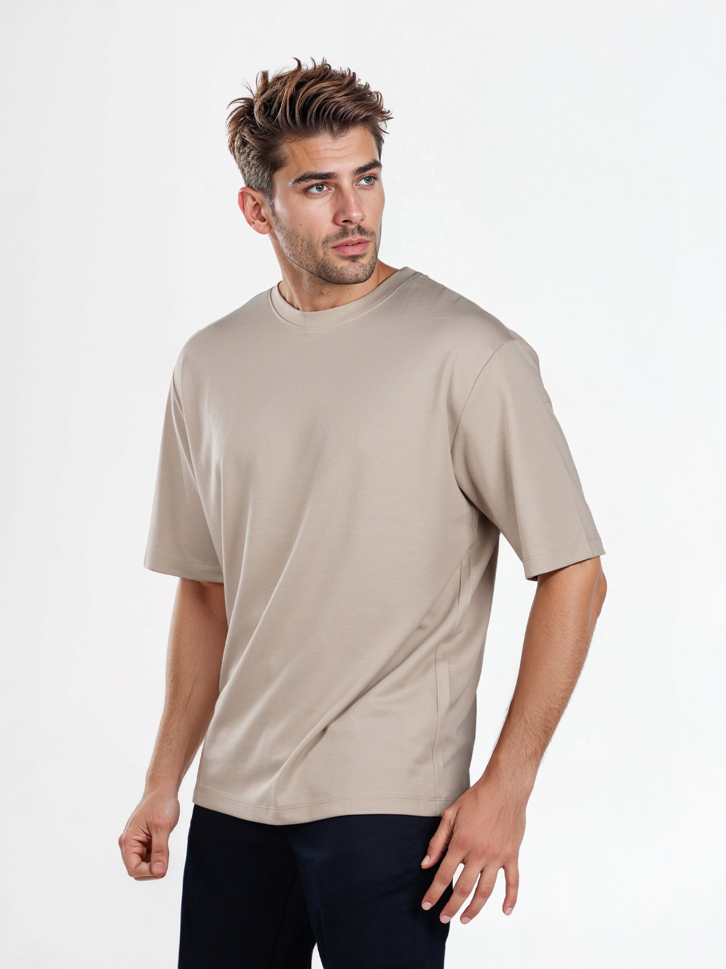 Celio* Solid Regular Fit Poly-Cotton Beige T-Shirt