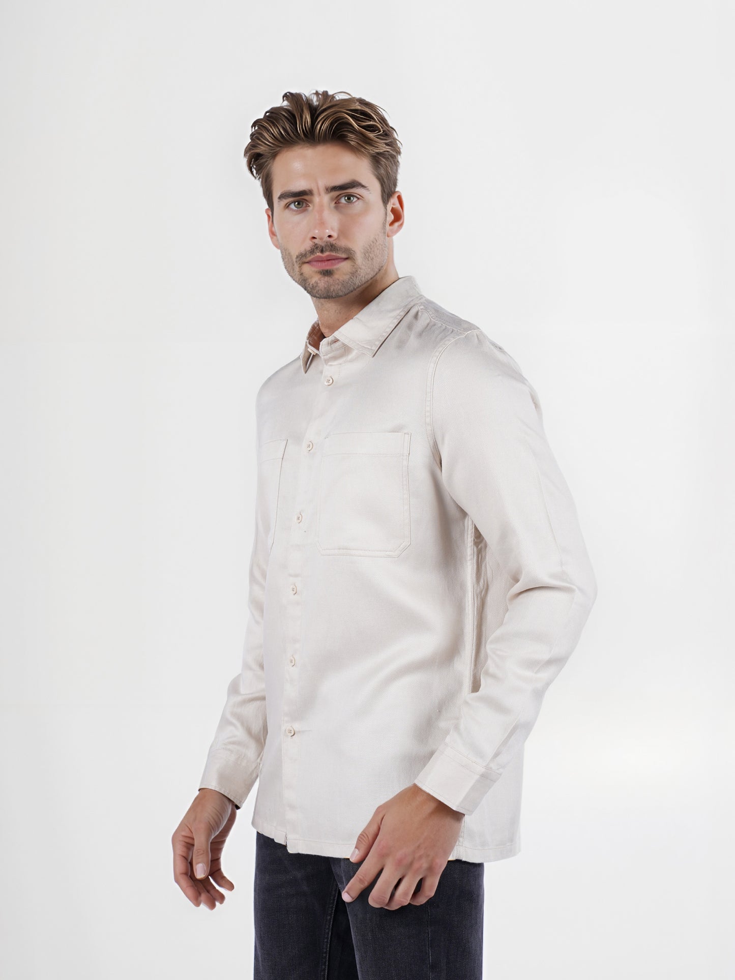Celio* Solid Overshirt Linen-Blend Beige Shirt