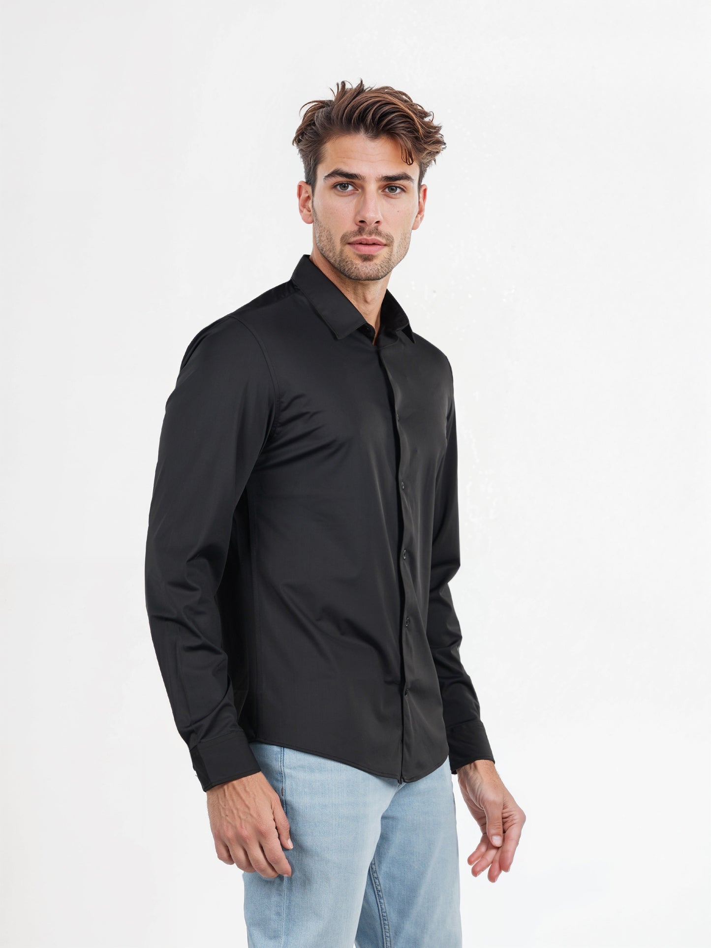 Celio* Solid Slim Fit Polyester-Blend Black Shirts