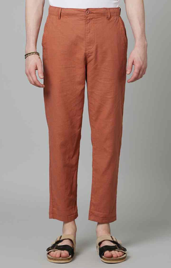 Rust Straight Fit Linen Pants