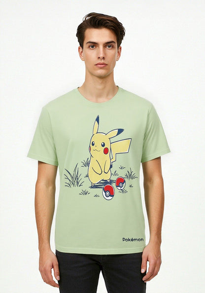 Celio* Pokemon Men Green Printed Regular Fit Cotton T-shirt