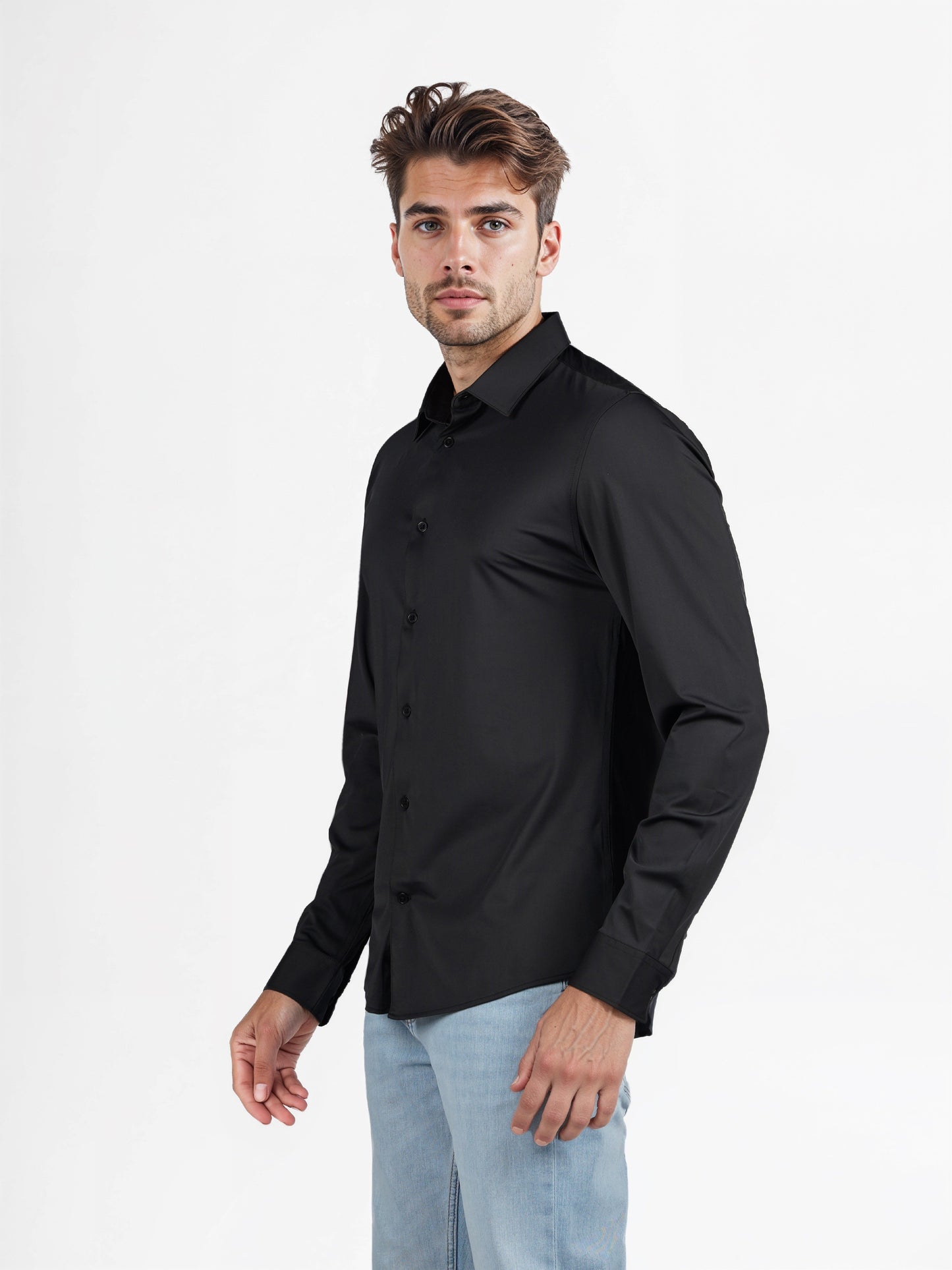 Celio* Solid Slim Fit Polyester-Blend Black Shirts