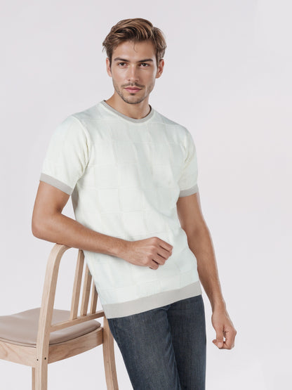 Celio* Men Cream Checked Regular Fit Cotton T-Shirts