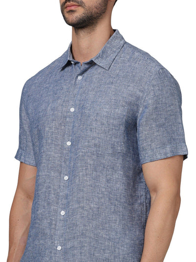 Celio* Solid Regular Fit Linen Blue Shirt