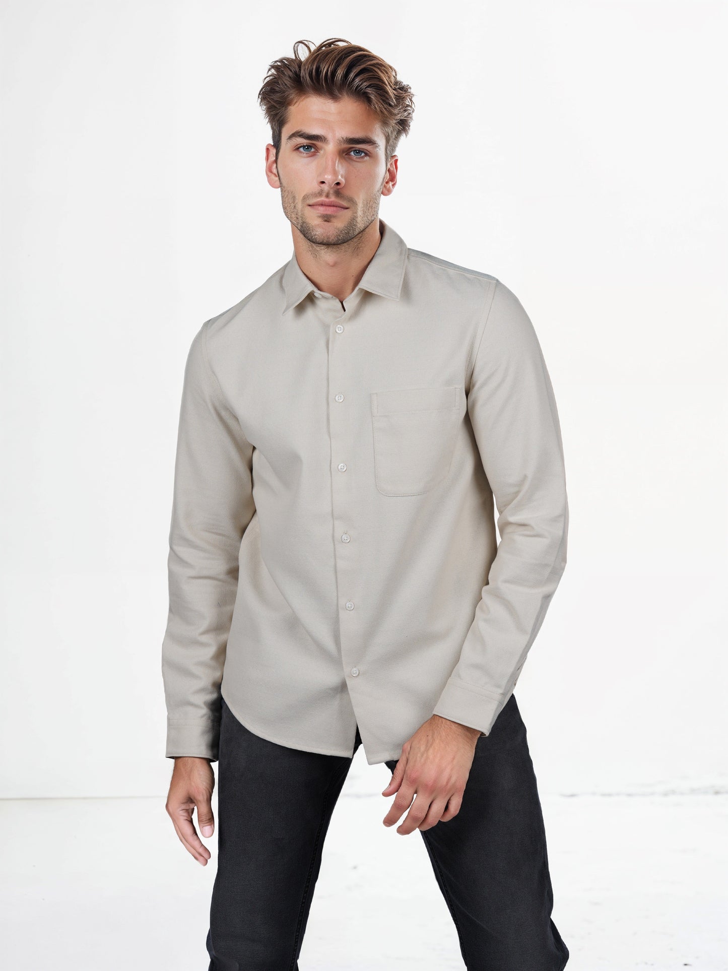 Celio* Solid Regular Fit Viscose-Blend Beige Shirts