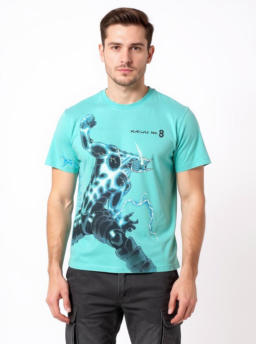 Celio* Men Turquoise Blue Printed Oversized Cotton Kaiju T-Shirt