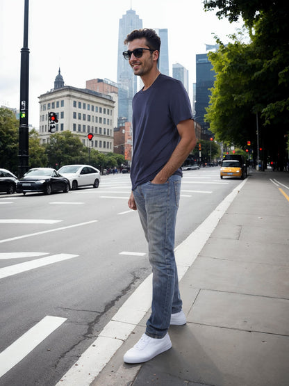 Navy Blue Solid Cotton T-shirt