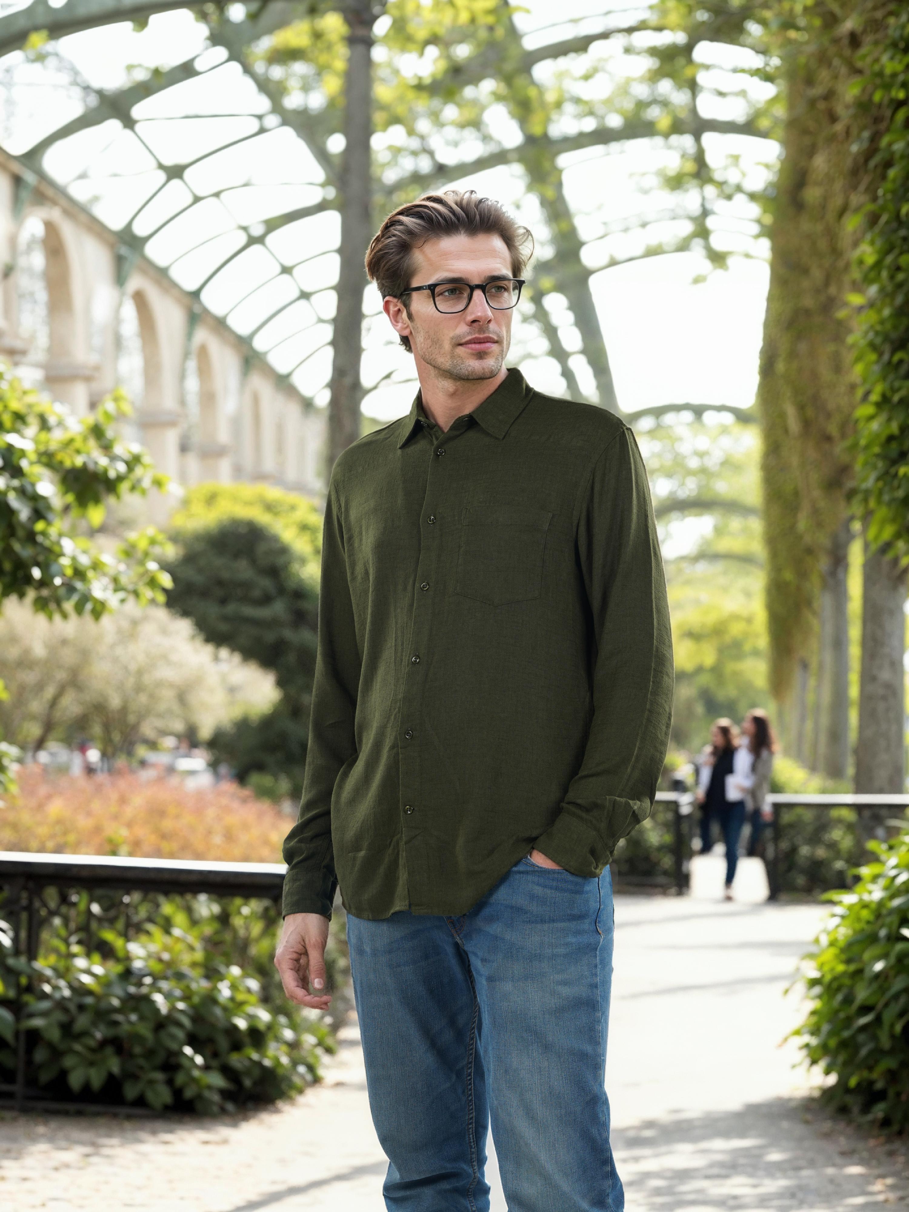 Green Solid Linen Shirt