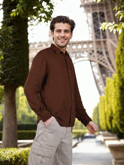 Celio* Solid Regular Fit Linen Brown Shirt