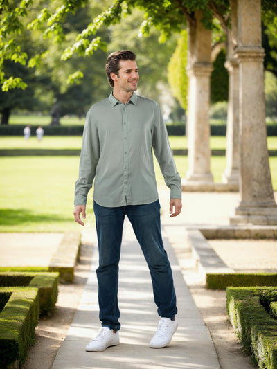 Celio* Solid Regular Fit Linen Green Shirt