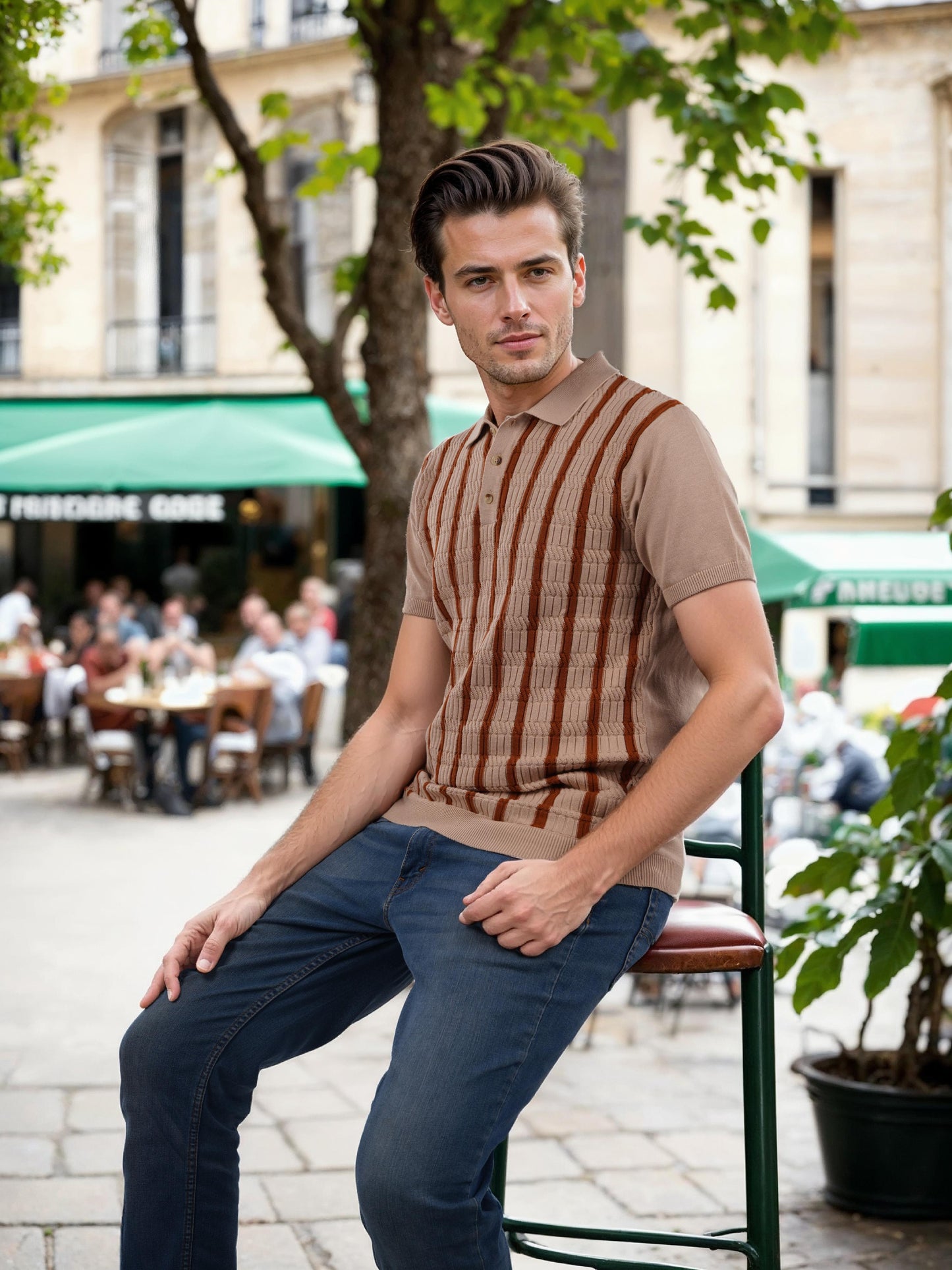 Brown Striped Cotton Polo